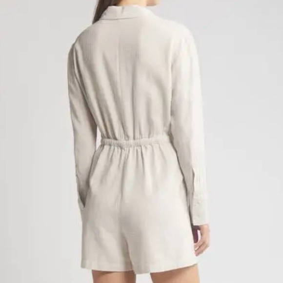 NWT Caslon Stripe Long Sleeve Linen Blend Romper Tan Safari - White Leah Stripe - Picture 2 of 12